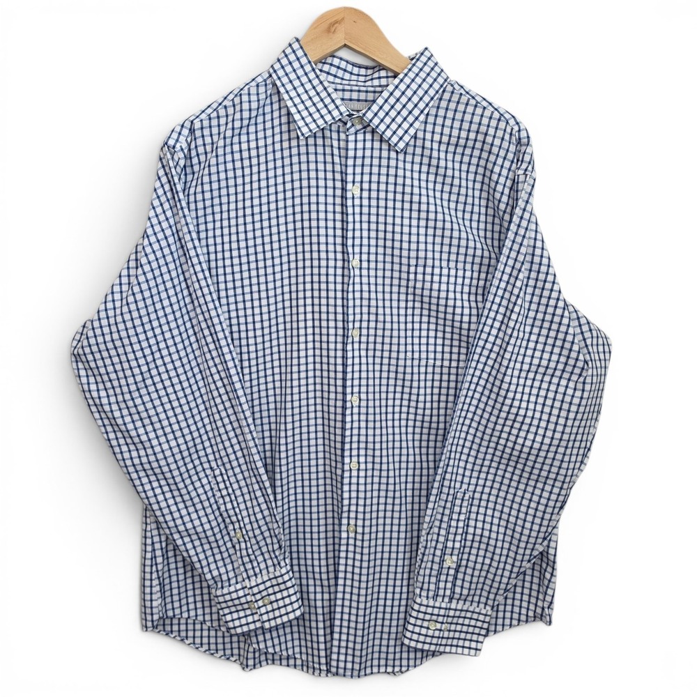 Van Heusen Dress Shirt Mens 17.5 34/35 Button White‎ Blue Check Fitted Career
